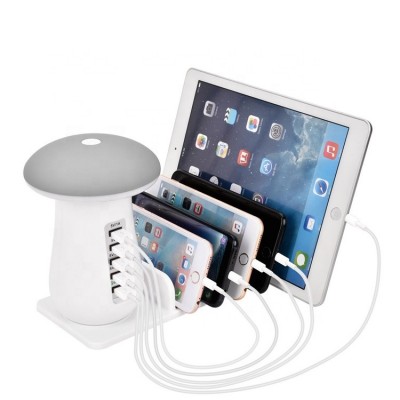 Mushroom Night Lamp 5x USB Quick Charger Desktop Charging Station Organizer for Phones Tablets Power Banks Digital Devices