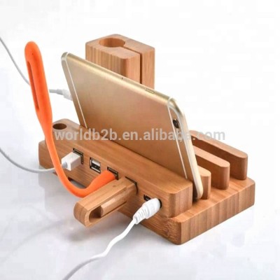 Universal Bamboo 4-Port Charging Station & Docking Organizer for Smartphones & Tablets, Family-Sized